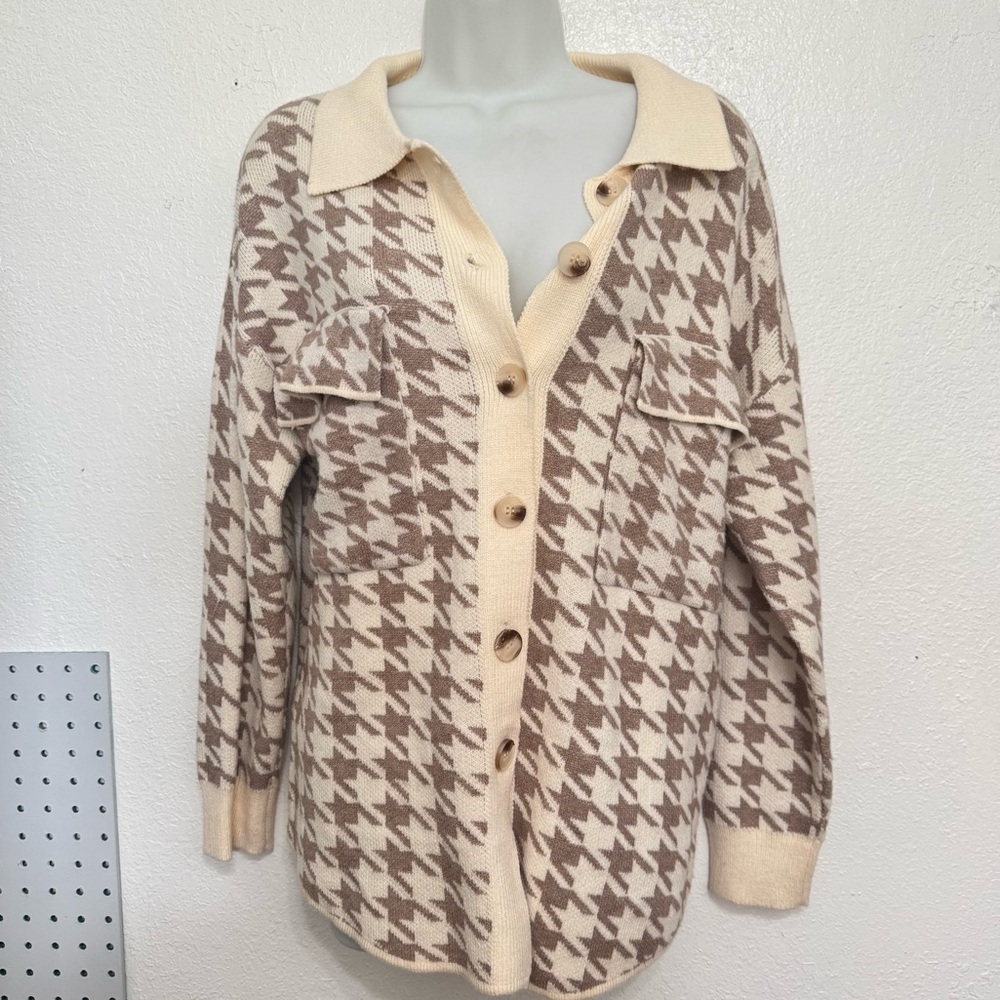 Dreamers By Debut Button Front Cardigan Houndstooth Pattern Cream Tan xs - Picture 2 of 8